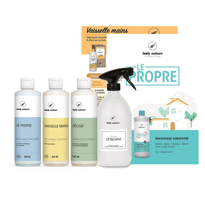 Kit de trois produits miracles pour détacher les vêtements, vendu avec le Flacon en verre. Les 3 produits sont : un nettoyant multi-usage (le Propre senteur Lavandin), un liquide vaisselle (le Vaisselle Mains senteur Agrumes) et une lessive délicate (le Délicat). Une notice est avec.