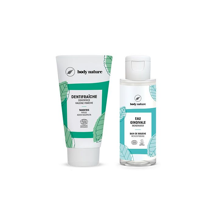 Kit pour une haleine fraîche au quotidien. Le kit contient un dentifrice (Dentifraiche Body Nature) et un bain de bouche (Eau gingivale Body Nature)