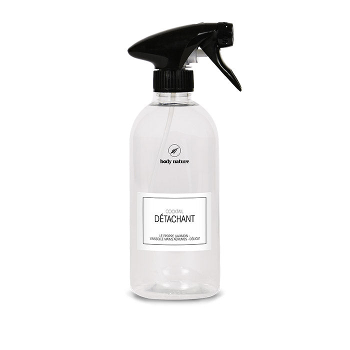 Flacon spray en plastique pour préparer la recette miracle du Cocktail Détachant (recette miracle pour nettoyer les tâches)