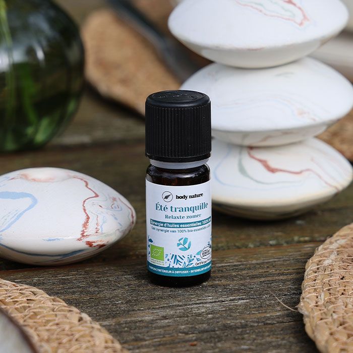 Parfum d'intérieur à diffuser à utiliser avec le Galet aromatique Body Nature. Mise en scène : le petit flacon est sur la table avec en arrière plan des galets aromatiques.