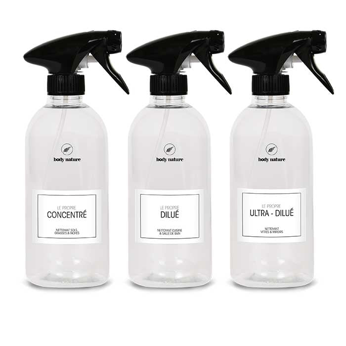 Lot de 3 flacons en plastique pour les 3 différentes dilutions du Propre (nettoyant multi-usage concentré)