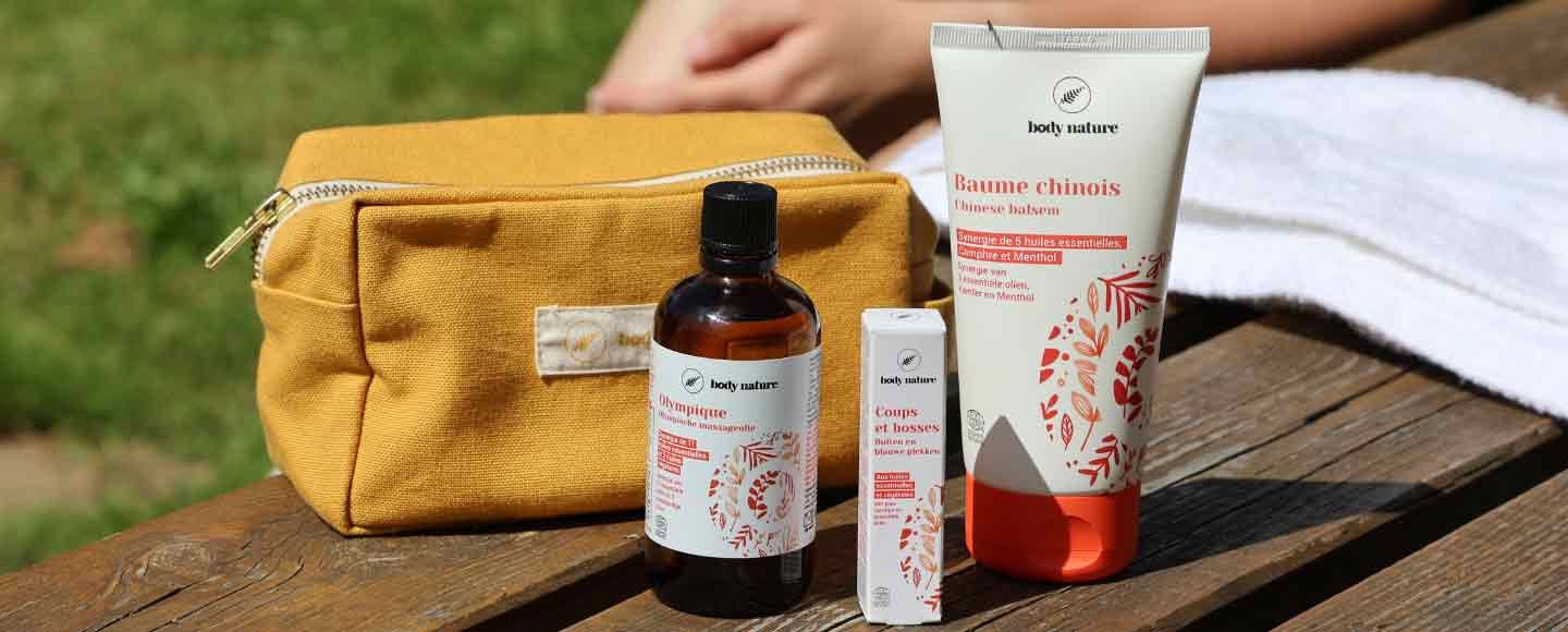 Trousse jaune avec le baume chinois + l'huile Olympique + le roll on Coups et bosses  