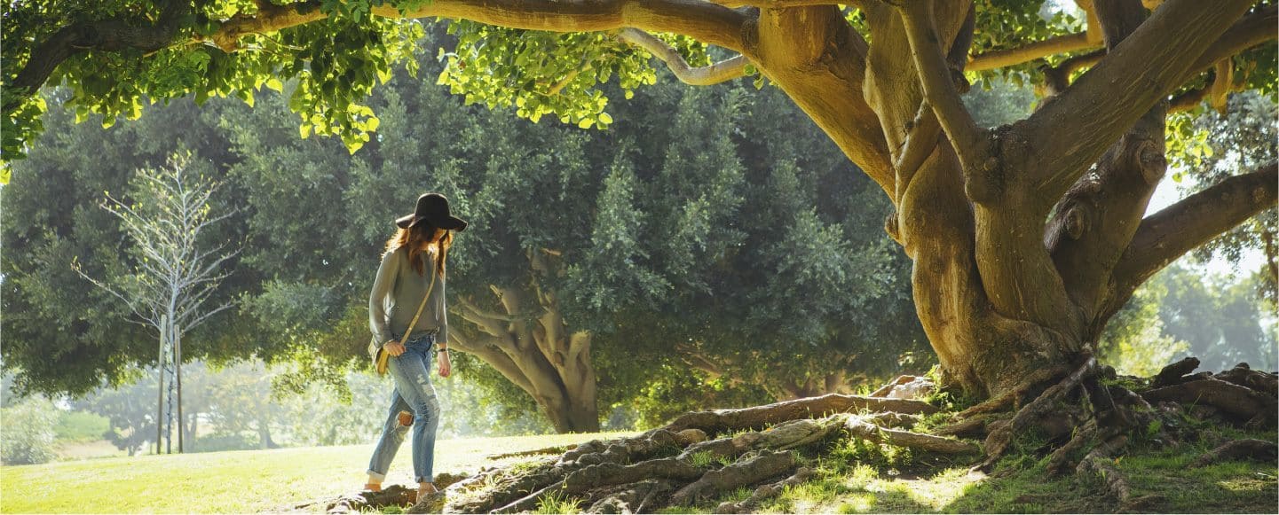 Une femme qui marche dans un parc à côter d'une grand arbre