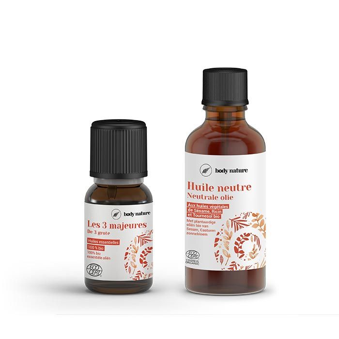 Duo de produits pour l'hiver. Ce lot contient le produit les 3 majeures (huiles essentielles) en format 15ml et une Huile neutre (aux huiles végétales) en format 50ml.