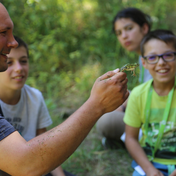 Un homme montre aux visiteurs une grenouille lors d'une visite Odyssée Nature