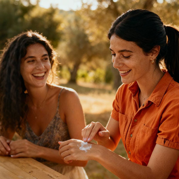 Deux femmes rigolent et testent une crème sur le poignet de la femme à droite
